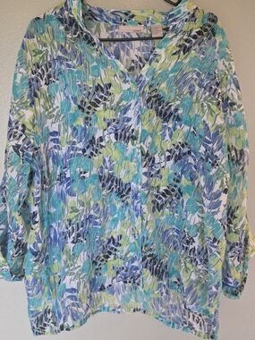 Beautiful Sheer Printed Button-FrontTop Blue/Green, Resort, Vacation, Beachy 2X